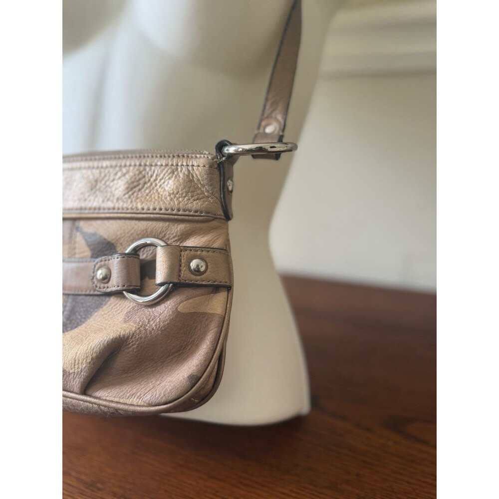 B Makowsky Gold Tan Bronze Camouflage Soft Leather Crossbody Leopard Lining Bag - Picture 3 of 16